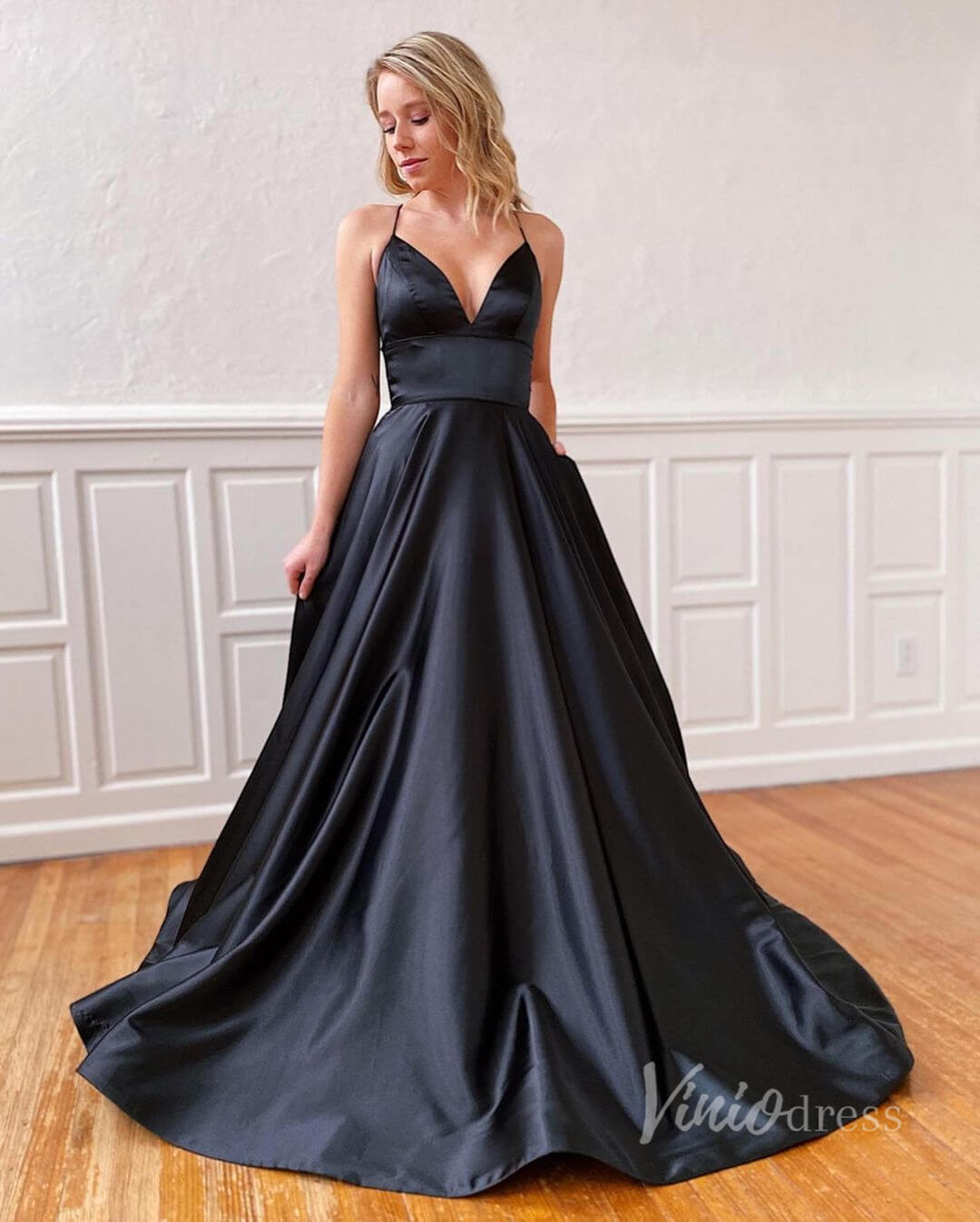 Prom Dress 2025 Simple A-line Satin Prom Dresses with Pockets Formal Evening Dress FD1359B-unique prom dresses-Black-Custom Size-Viniodress