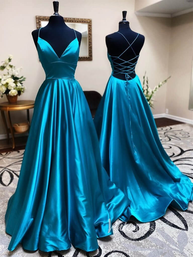 Prom Dress 2025 Simple A-line Satin Prom Dresses with Pockets Formal Evening Dress FD1359B-unique prom dresses-Blue-Custom Size-Viniodress