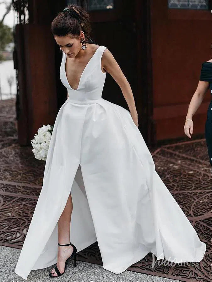 Simple Classic Thigh Split Wedding Dresses with Pockets Viniodress VW1120-wedding dresses 2025 -Viniodress-Ivory-Custom Size-