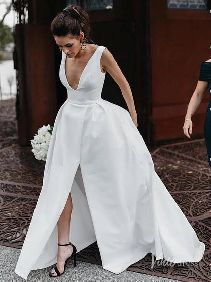 Simple Classic Thigh Split Wedding Dresses with Pockets Viniodress VW1120-wedding dresses 2025 -Viniodress-Ivory-Custom Size-