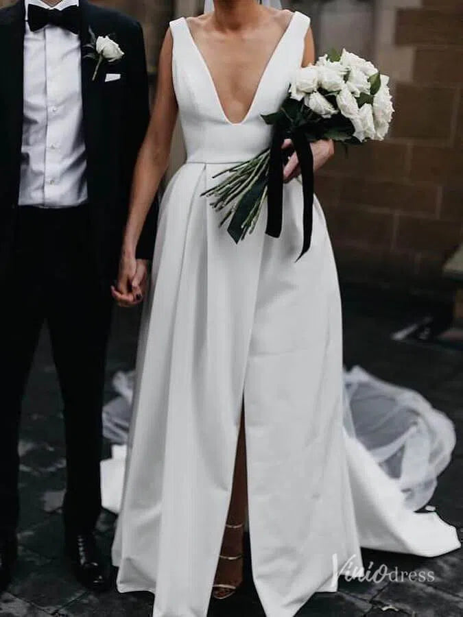 Simple Classic Thigh Split Wedding Dresses with Pockets Viniodress VW1120-wedding dresses 2025 -Viniodress-Ivory-Custom Size-