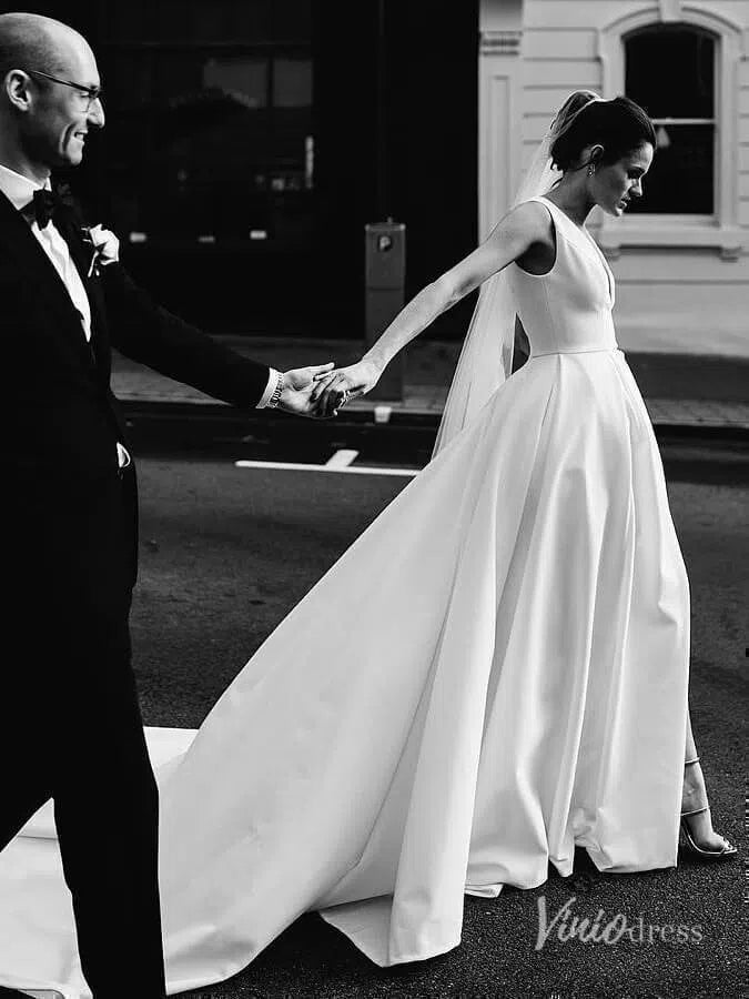 Simple A-Line Satin Wedding Dress | Minimalist V-Neck Gown with Slit, Viniodress Simple A-Line Satin Wedding Dress | Minimalist V-Neck Gown with Slit, Viniodress