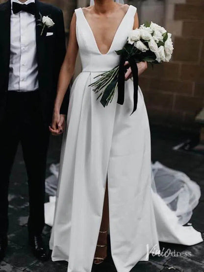 Simple Classic Thigh Split Wedding Dresses with Pockets Viniodress VW1120-wedding dresses 2025 -Viniodress-Ivory-Custom Size-