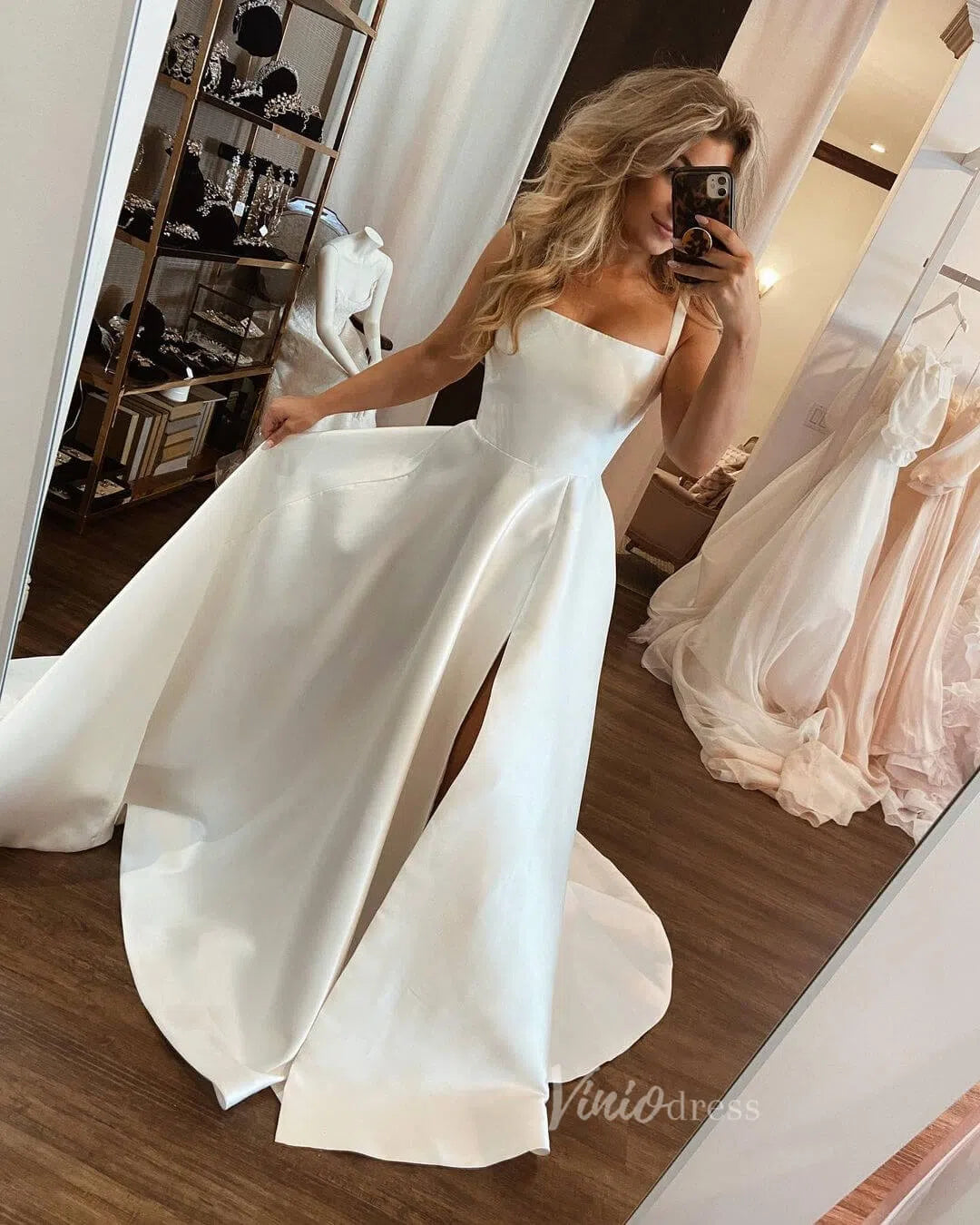 Simple A-Line Satin Wedding Dress with Slit | Square Neckline Gown with Pockets & Chapel Train VW1101-wedding dresses 2025 -Viniodress-Ivory-Custom Size-