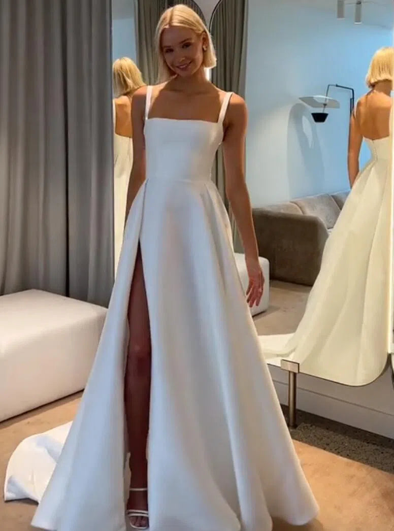 Simple A-line Satin Wedding Dresses with Slit, Pockets VW1101-wedding dresses-Viniodress-Viniodress