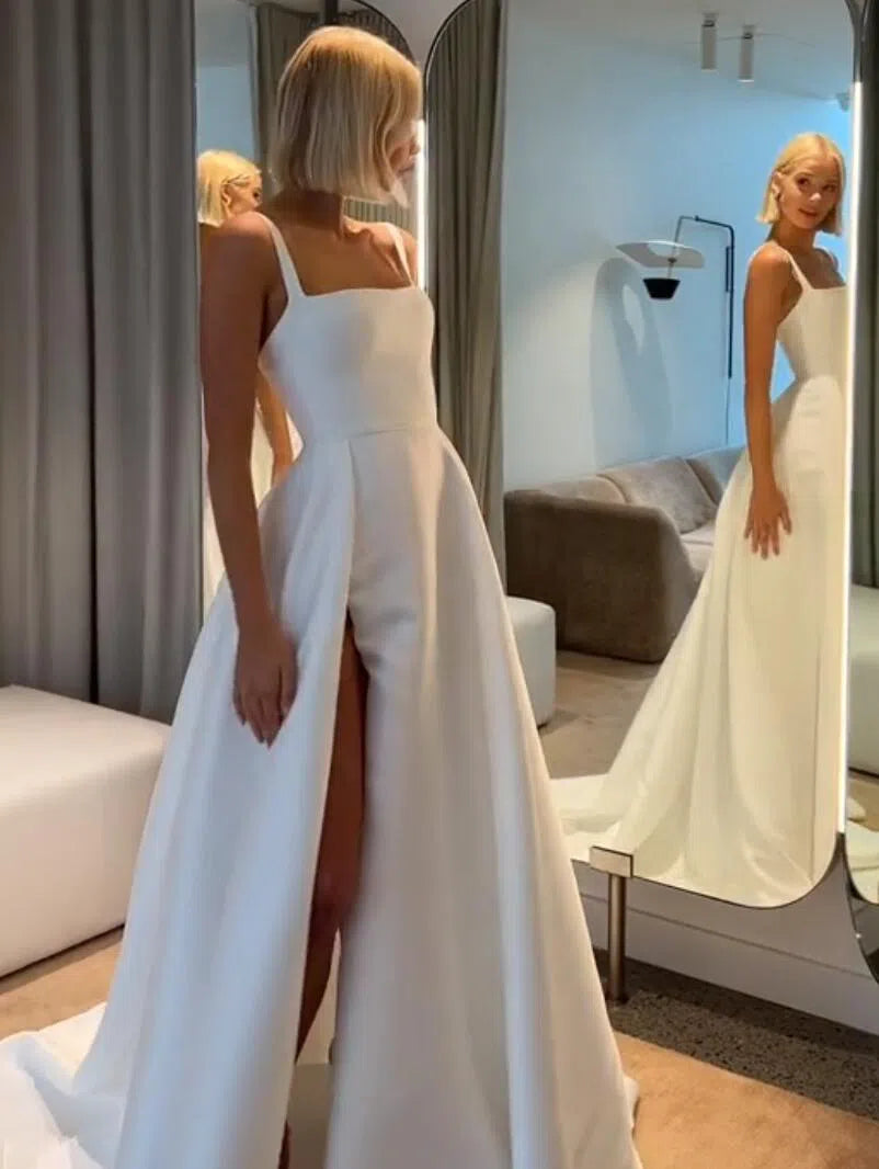 Simple A-line Satin Wedding Dresses with Slit, Pockets VW1101-wedding dresses-Viniodress-Viniodress