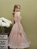 Simple A-line Tea Length Tulle Prom Dress Spaghetti Strap FD1816-prom dresses-Viniodress-Nude-Custom Size-Viniodress