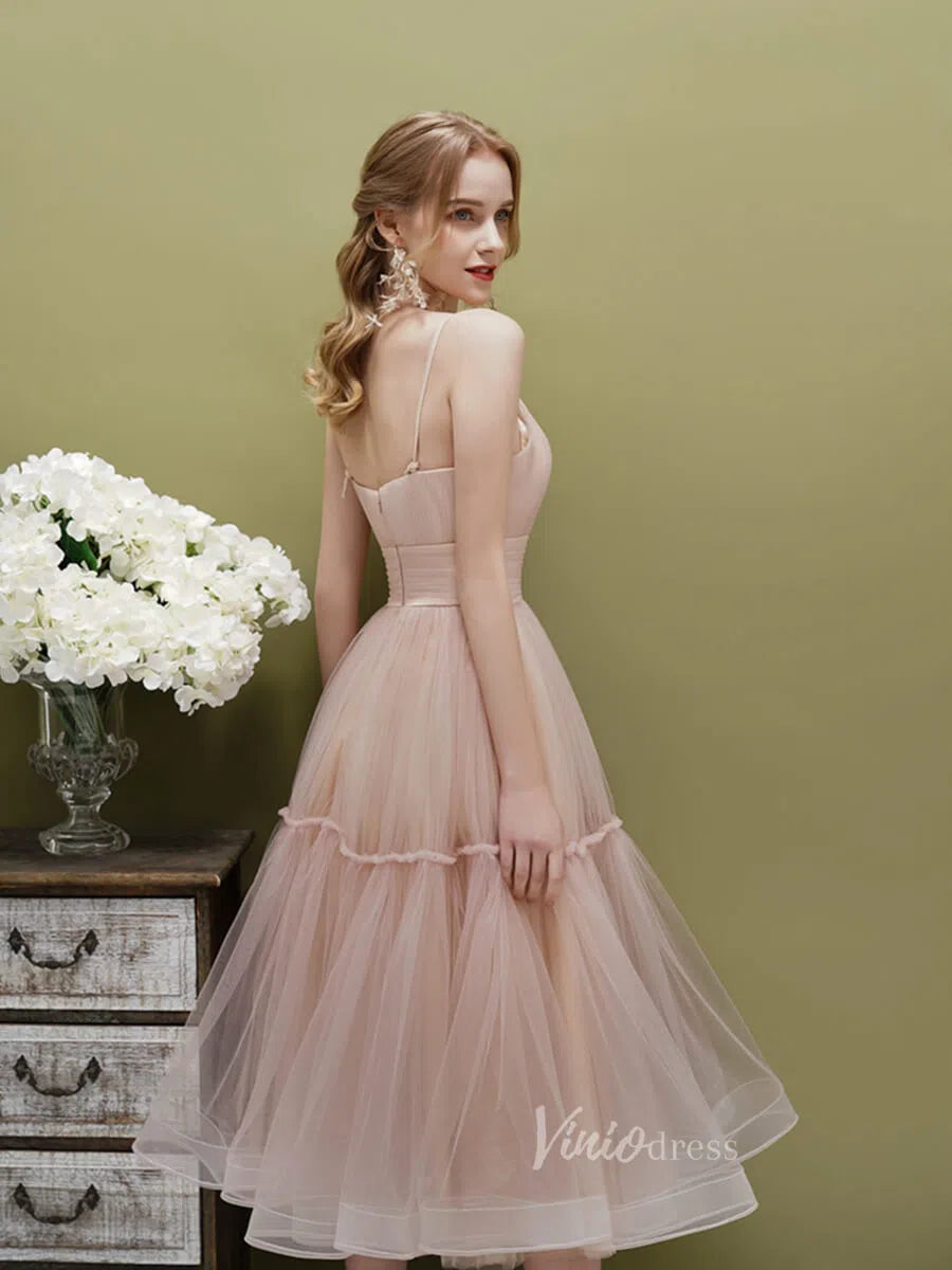 Simple A-Line Tea-Length Tulle Prom Dress | Spaghetti Strap Pleated Party Dress FD1816-prom dresses 2025 -Viniodress-Sage-Custom Size-