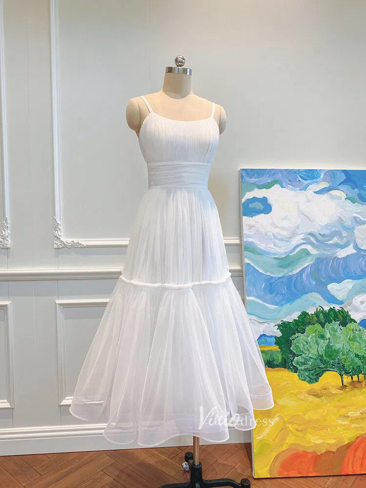 Simple A-Line Tea-Length Tulle Prom Dress | Spaghetti Strap Pleated Party Dress FD1816-prom dresses 2025 -Viniodress-Sage-Custom Size-