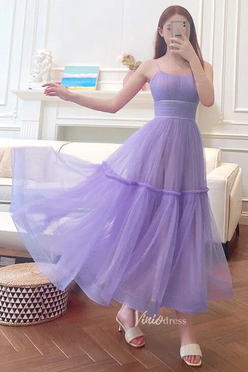 Simple A-Line Tea-Length Tulle Prom Dress | Spaghetti Strap Pleated Party Dress FD1816-prom dresses 2025 -Viniodress-Sage-Custom Size-