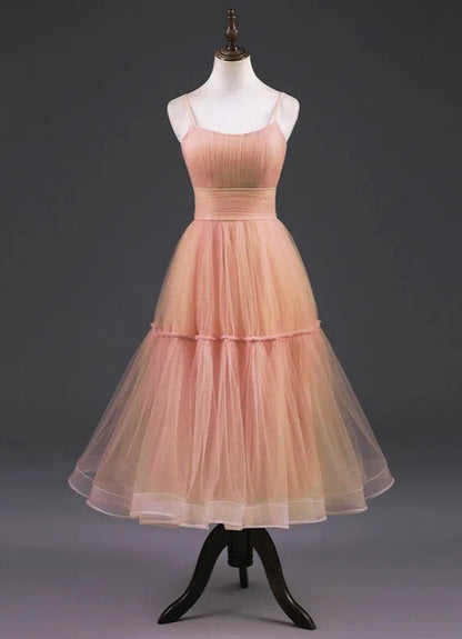 Simple A-Line Tea-Length Tulle Prom Dress | Spaghetti Strap Pleated Party Dress FD1816-prom dresses 2025 -Viniodress-Sage-Custom Size-