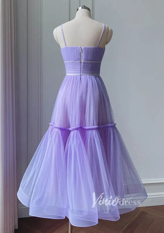 Simple A-Line Tea-Length Tulle Prom Dress | Spaghetti Strap Pleated Party Dress FD1816-prom dresses 2025 -Viniodress-Sage-Custom Size-