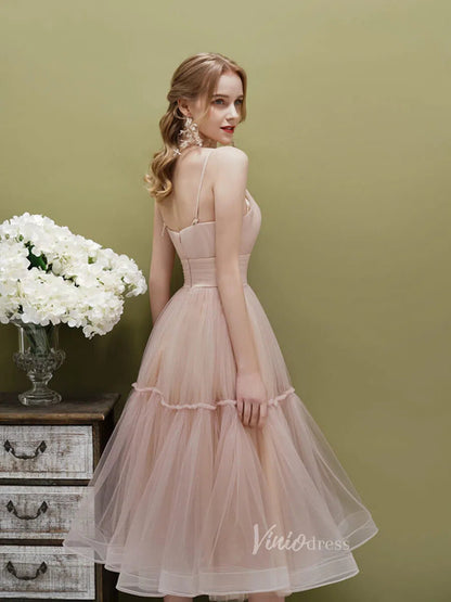 Simple A-Line Tea-Length Tulle Prom Dress | Spaghetti Strap Pleated Party Dress FD1816-prom dresses 2025 -Viniodress-Sage-Custom Size-