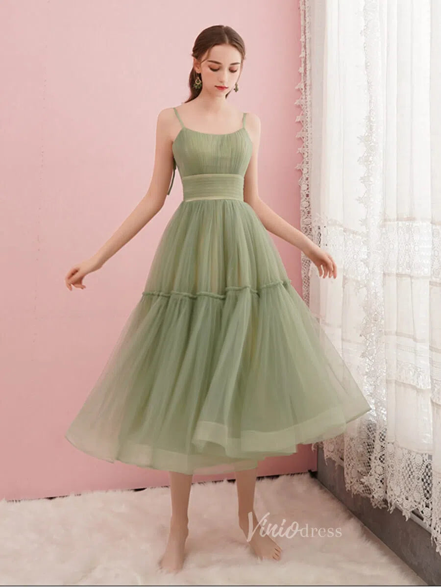 Simple A-Line Tea-Length Tulle Prom Dress | Spaghetti Strap Pleated Party Dress FD1816-prom dresses 2025 -Viniodress-Sage-Custom Size-