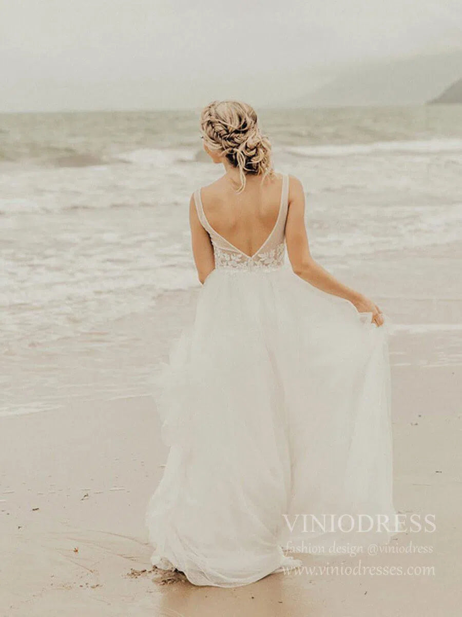 Simple A-line Tulle Beach Wedding Dresses with Lace Bodice VW1403-wedding dresses-Viniodress-Viniodress