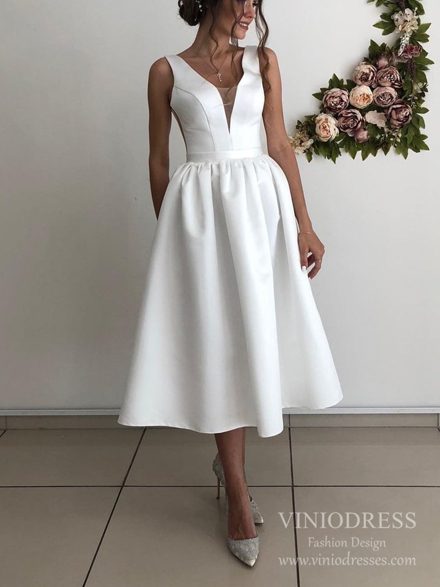Simple A-line V-neck Midi Length Satin Wedding Dresses VW1831-wedding dresses 2025 -Viniodress-Ivory-Custom Size-
