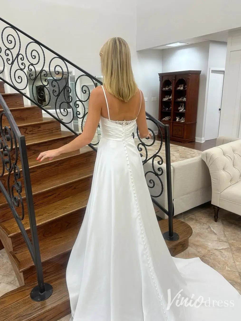 Simple A-Line Wedding Dress with Pearl Embellished Neckline and Spaghetti Straps – VW2616-wedding dresses 2025 -Viniodress-Ivory-Custom Size-