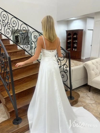 Simple A-Line Wedding Dress with Pearl Embellished Neckline and Spaghetti Straps – VW2616-wedding dresses 2025 -Viniodress-Ivory-Custom Size-