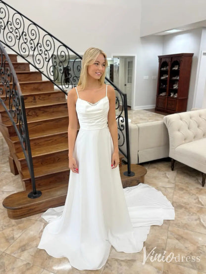 Simple A-Line Wedding Dress with Pearl Embellished Neckline and Spaghetti Straps – VW2616-wedding dresses 2025 -Viniodress-Ivory-Custom Size-