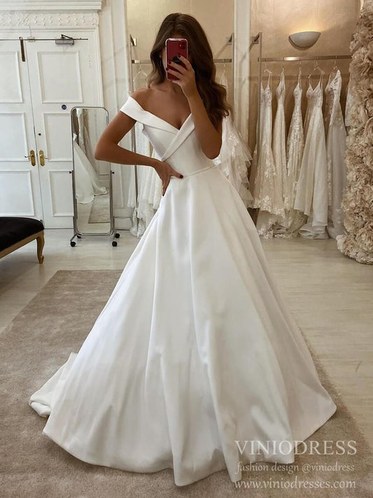 Simple A-line Wedding Dresses Off the Shoulder Satin Bridal Dress VW1553-wedding dresses 2025 -Viniodress-Ivory-Custom Size-