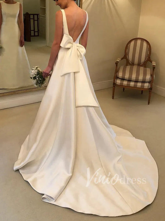 Simple Backless Classy Wedding Dresses with Bow VW1257-wedding dresses-Viniodress-Ivory-Custom Size-Viniodress