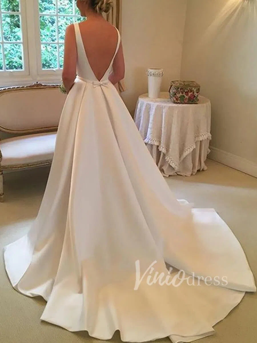 Simple Backless Satin Wedding Dresses Chapel Train VW1237 Viniodress Simple Backless Satin Wedding Dresses Chapel Train VW1237 Viniodress