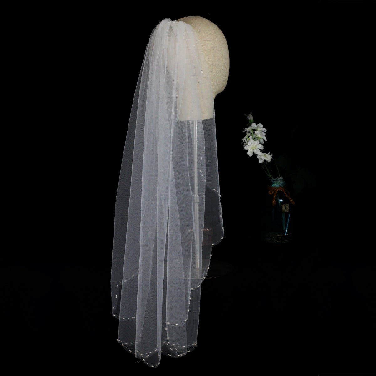 Simple Beaded Tulle Veil Hip Length viniodress V737-Bridal Veil 2025 -Viniodress-Ivory-90cm-