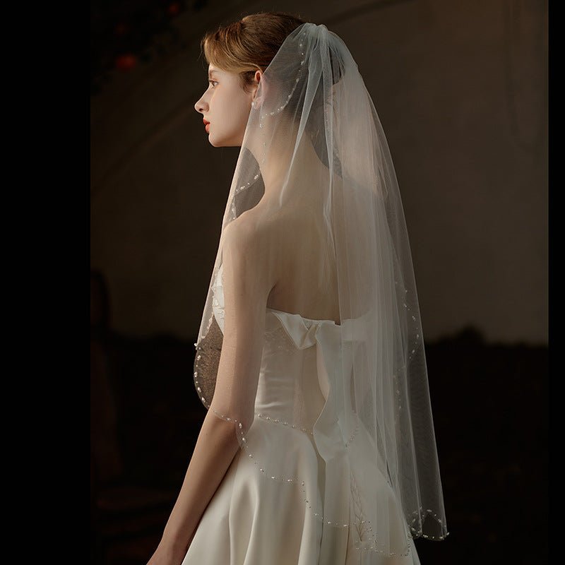 Simple Beaded Tulle Veil Hip Length viniodress V737-Bridal Veil 2025 -Viniodress-Ivory-90cm-