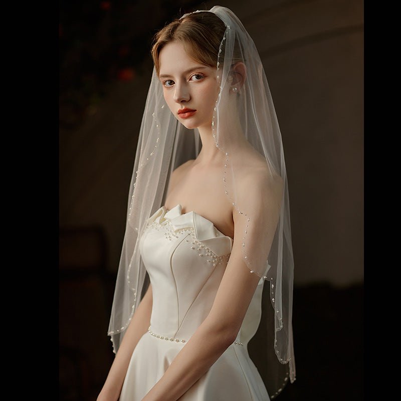 Simple Beaded Tulle Veil Hip Length viniodress V737-Bridal Veil 2025 -Viniodress-Ivory-90cm-