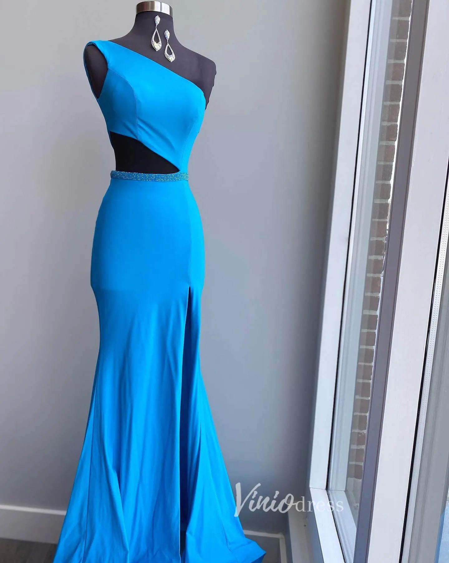 Simple Black One Shoulder Prom Dresses with High Slit FD2710-prom dresses 2025 -Viniodress-Blue-Custom Size-