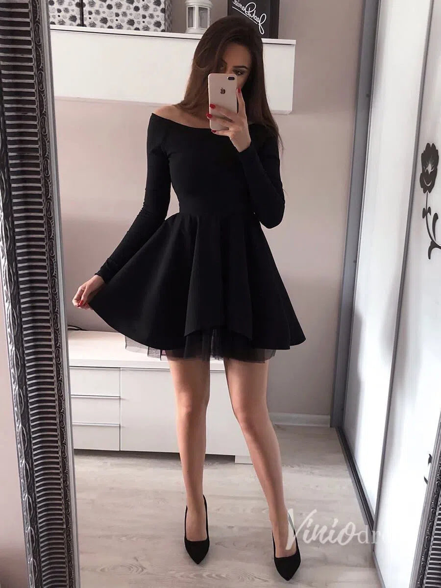 Short Prom Dresses 2025 Simple Black Short Prom Dresses with Sleeves Off Shoulder Homecoming Dress FD1298-homecoming dresses-Viniodress-Black-Custom Size-Viniodress