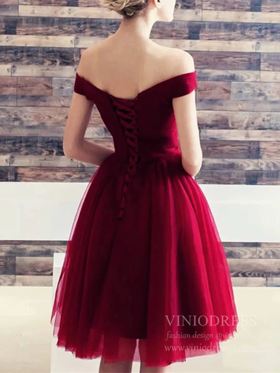 Simple Burgundy Homecoming Dresses Off the Shoulder Graduation Dress SD1221-Homecoming Dresses 2025 -Viniodress-Burgundy-Custom Size-