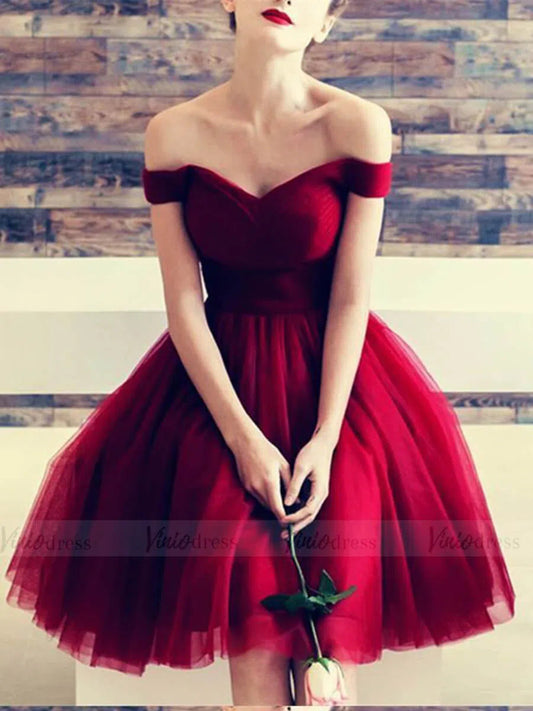 Simple Burgundy Homecoming Dresses Off the Shoulder Graduation Dress SD1221-Homecoming Dresses 2025 -Viniodress-Burgundy-Custom Size-