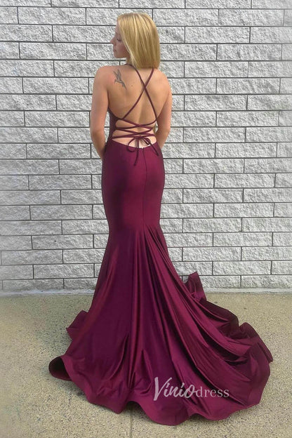 Simple Burgundy Mermaid Prom Dresses Spaghetti Strap Lace-up Back Evening Dress FD3521-prom dresses 2025 -Viniodress-Burgundy-Custom Size-