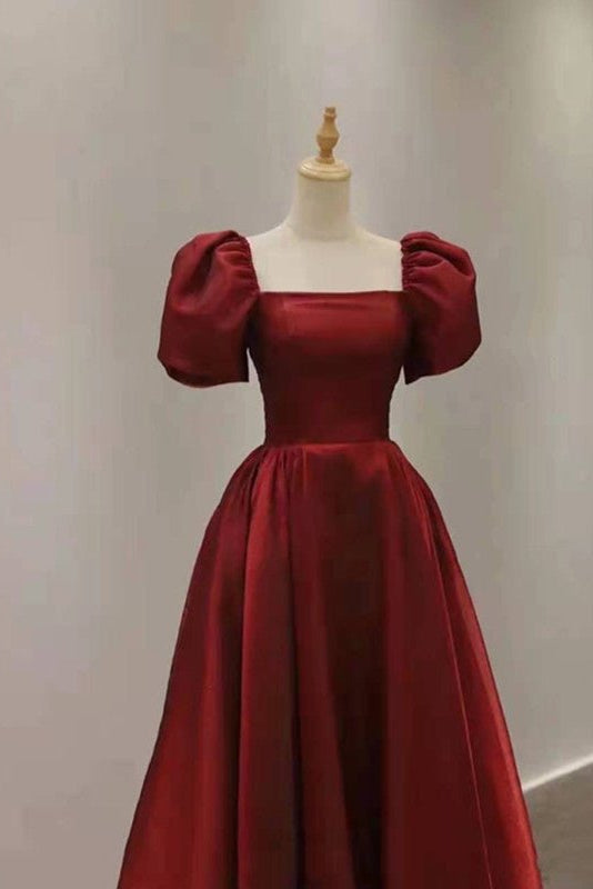 Simple Burgundy Prom Dress | Square Neck Tea-Length A-Line Gown with Puff Sleeves, Pockets & Corset Back FD1001-prom dresses 2025 -Viniodress-Burgundy-Custom Size-