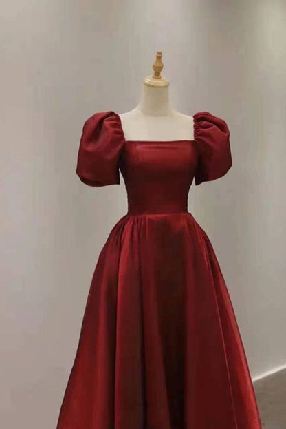 Simple Burgundy Prom Dress | Square Neck Tea-Length A-Line Gown with Puff Sleeves, Pockets & Corset Back FD1001-prom dresses 2025 -Viniodress-Burgundy-Custom Size-
