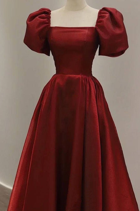 Simple Burgundy Prom Dress | Square Neck Tea-Length A-Line Gown with Puff Sleeves, Pockets & Corset Back FD1001-prom dresses 2025 -Viniodress-Burgundy-Custom Size-