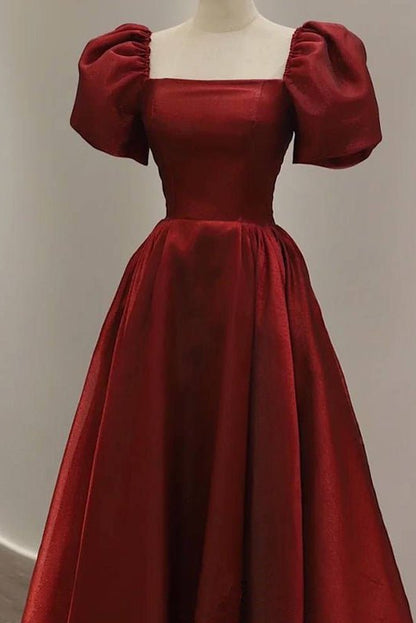 Simple Burgundy Prom Dress | Square Neck Tea-Length A-Line Gown with Puff Sleeves, Pockets & Corset Back FD1001-prom dresses 2025 -Viniodress-Burgundy-Custom Size-
