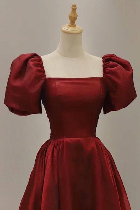 Simple Burgundy Prom Dress | Square Neck Tea-Length A-Line Gown with Puff Sleeves, Pockets & Corset Back FD1001-prom dresses 2025 -Viniodress-Burgundy-Custom Size-