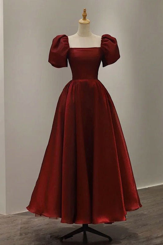 Simple Burgundy Prom Dress | Square Neck Tea-Length A-Line Gown with Puff Sleeves, Pockets & Corset Back FD1001-prom dresses 2025 -Viniodress-Burgundy-Custom Size-