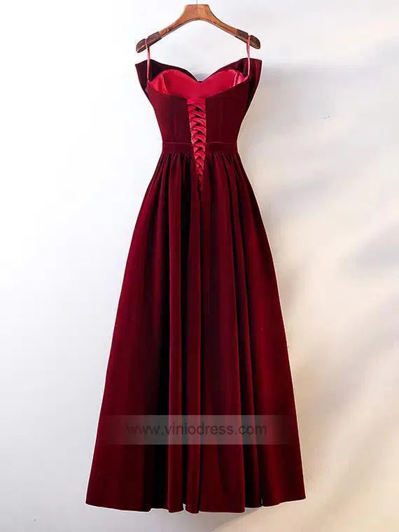 Simple Burgundy Velvet Prom Dresses Spaghetti Strap Formal Dress FD1007-prom dresses-Viniodress-Viniodress