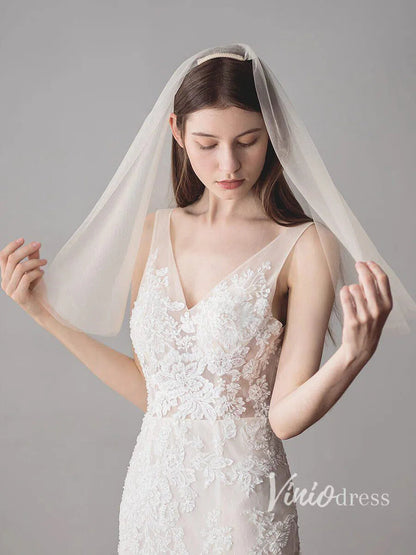 Simple Champagne Short Wedding Veils Blusher Veil ACC1083-Bridal Veil 2025 -Viniodress-Champagne-