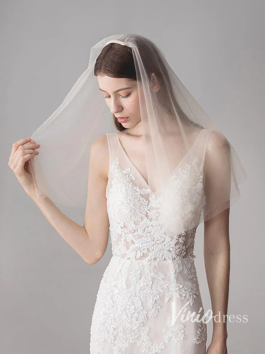 Simple Champagne Short Wedding Veils Blusher Veil ACC1083-Bridal Veil 2025 -Viniodress-Champagne-