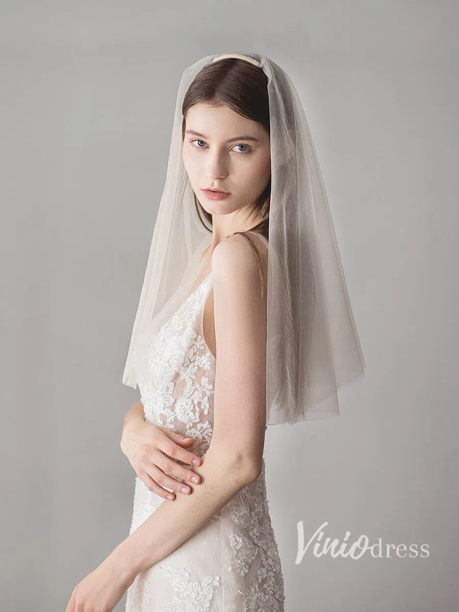 Simple Champagne Short Wedding Veils Blusher Veil ACC1083-Bridal Veil 2025 -Viniodress-Champagne-