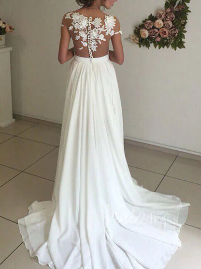 Simple Chiffon Beach Wedding Dress with Slit | A-Line Gown with Lace Bodice, Illusion Neck VW1242-wedding dresses 2025 -Viniodress-Ivory-Custom Size-