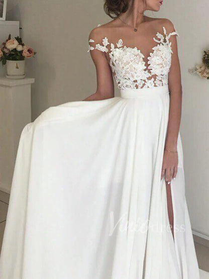 Simple Chiffon Beach Wedding Dress with Slit | A-Line Gown with Lace Bodice, Illusion Neck VW1242-wedding dresses 2025 -Viniodress-Ivory-Custom Size-