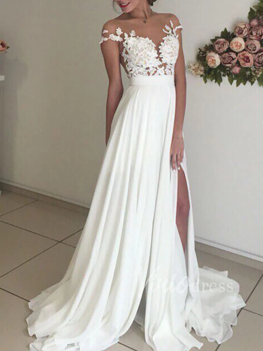 Simple Chiffon Beach Wedding Dress with Slit | A-Line Gown with Lace Bodice, Illusion Neck VW1242-wedding dresses 2025 -Viniodress-Ivory-Custom Size-