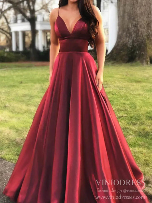 Simple Dark Red Satin Long Prom Dresses with Pockets Spaghetti Strap FD1514-prom dresses 2025 -Viniodress-Burgundy-Custom Size-