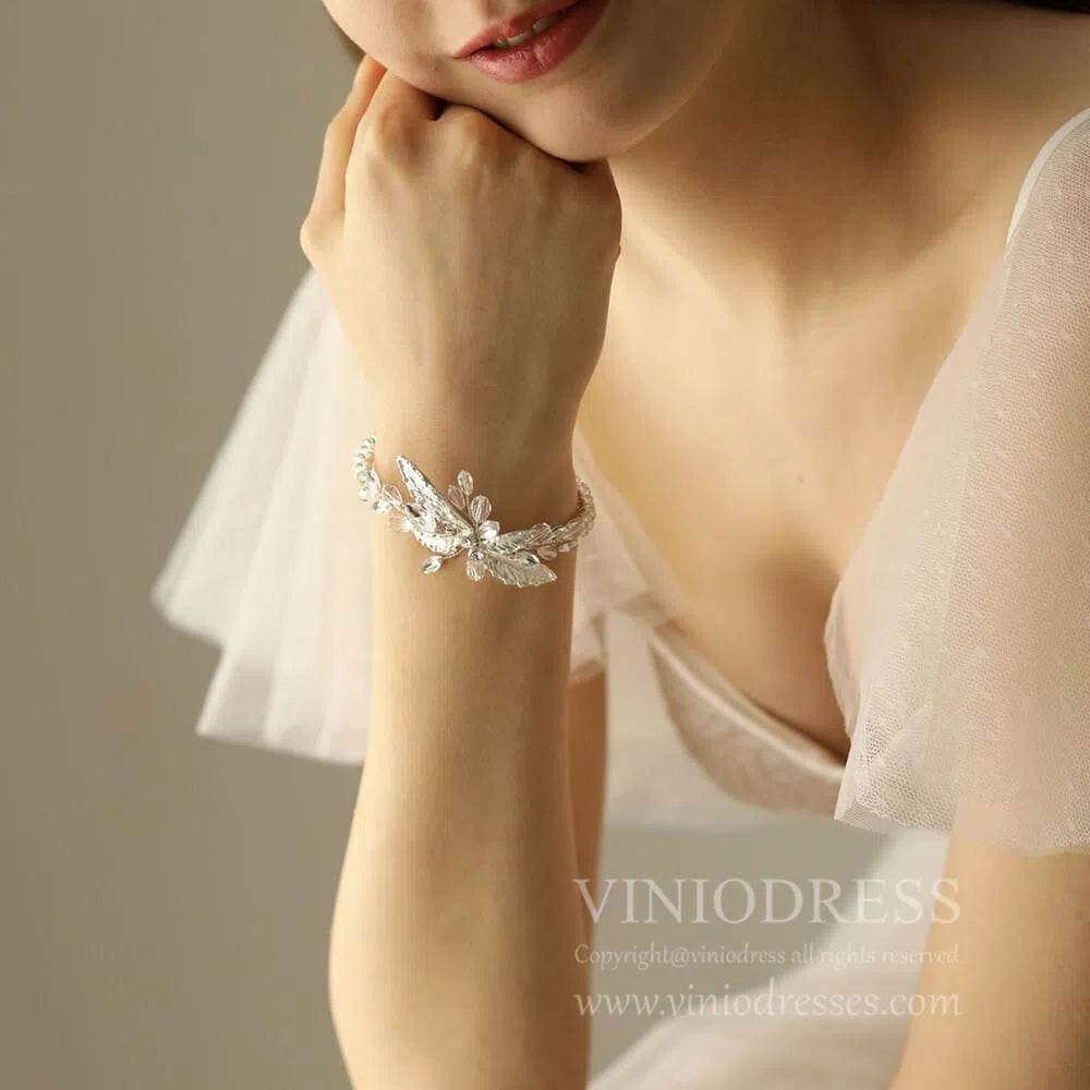 Simple Elegant Leaf Cuff Bracelet AC1097-Bridal Jewelry 2025 -Viniodress-Silver-