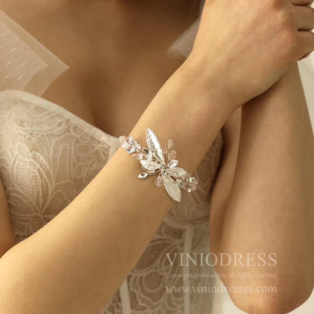 Simple Elegant Leaf Cuff Bracelet AC1097-Bridal Jewelry 2025 -Viniodress-Silver-